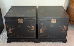 lot 168 image: Pair of Vintage Asian Style Painted Wood Storage Chests