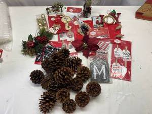 lot 25 image: Varity of Christmas dcor, gift tags, Pine Cones etc