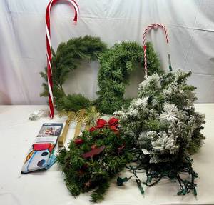 lot 40 image: Wreaths, Lighted Garland, Flag, Candy Candy & Greenery