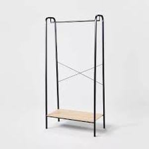 lot 134 image: Single Shelf Garment Rack Black Metal with Natural Wood - Brightroom
