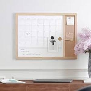 lot 214 image: Martha Stewart Everette Magnetic Dry Erase Monthly Calendar and Cork Board Combo with Included Marker, Magnets, Push Pins, 24x18, Light Natural Woodgrain Frame