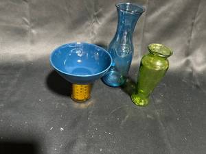 lot 23 image: Assortment of 3 Colorful Glass Vases and Funnel - Decorative Art