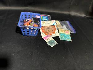 lot 33 image: Assortment of Craft Supplies in Blue Basket - Beads & Organizers