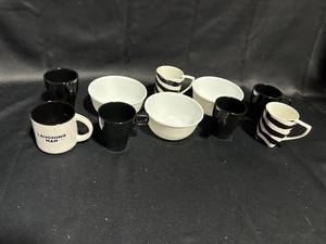 lot 34 image: Group of 8 Assorted Mugs and Bowls - Black and White Designs