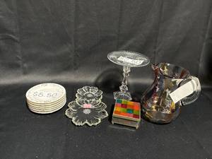 lot 35 image: Collection of Decorative Glassware and Plates - Set of 6 Plates, Cake Stand, Pitcher, Snack Plates, and Colorful Trinket Box