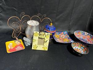 lot 38 image: Group of Colorful Decorative Items - Vintage Plates, Candle Holder and More
