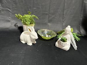 lot 46 image: Assorted Plant Holders - Rabbit and Buddha Designs with Decorative Bowl
