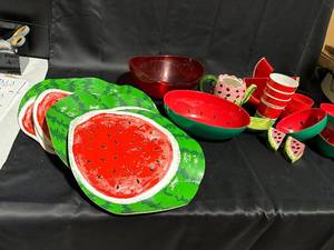lot 49 image: Group of Watermelon-Themed Dishware - 8 Plates, 2 Bowls, 2 Mugs, and More