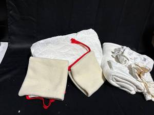 lot 59 image: Group of 3 White Fabric Accessories - Includes Quilted Bag, Fleece Pouches, and Towel