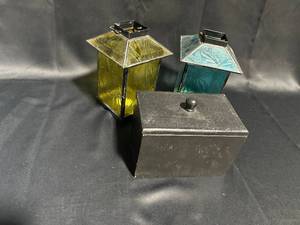lot 70 image: Set of 2 Vintage Stained Glass Lanterns and Black Box