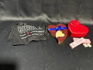lot 74 image: Set of 3 Novelty Items - Riedel Tasting Cloth, Heart-Shaped Box of Chocolates, and Red Rose Gift Box