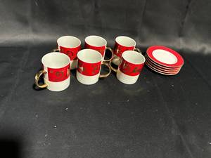 lot 112 image: Set of 6 Vintage Red and White Coffee Mugs with 6 Plates