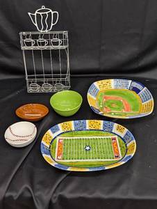 lot 148 image: Assortment of 6 Sports-Themed Serving Dishes and Wire Wall Rack