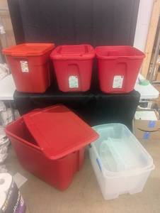 lot 175 image: Group of 4 Red Storage Bins and 1 Clear Storage Container