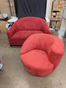 lot 201 image: Set of 2 Modern Red Upholstered Chairs - Loveseat & Accent Chair