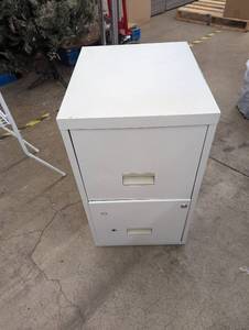 lot 214 image: White Metal Filing Cabinet with Two Drawers - Good Condition