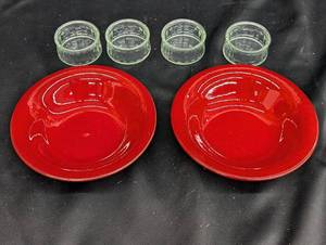 lot 227 image: Set of 2 Red Ceramic Bowls with 3 Clear Glass Dishes