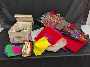 lot 229 image: Assortment of Fabric Scraps and Crafting Supplies with Decorative Box