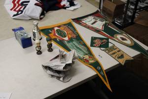 lot 561 image: Assorted Minnesota Wild Collectibles - Bobbleheads, Stanley Cup Figurine, Banners, Pennants