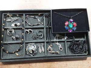Lot Of Black Beaded & Rhinestone Jewelry-Some Glass