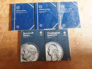 Albums-Buffalo Nickels, 2-Jefferson Nickels, Roosevelt Dimes & Washington Quarters NO COINS.