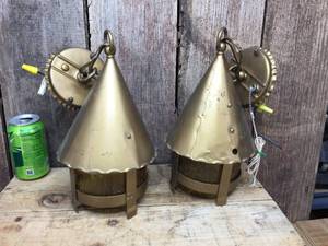 lot 215 image: Vintage Pair HangingWall Sconce Light Fixtures - Amberglass