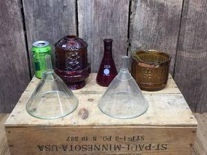lot 221 image: Vintage Glass Funnels - Fairly Lamp - Beaker - Hanging Vase