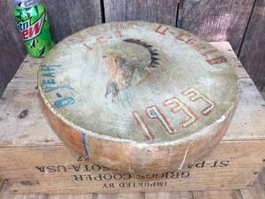 lot 227 image: Vintage Native American LeatherWood Drum - 1933