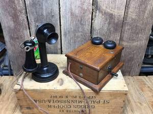lot 278 image: Antique Kellogg Oak Wall CrankCandlestick Telephone
