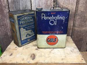 lot 285 image: Vintage Gulf Oil - Eveready Prestone Antifreeze Cans