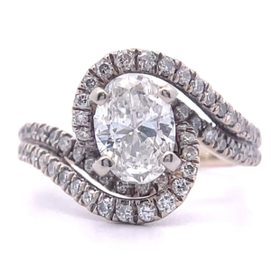 1.68 Carat Oval Natural Diamond Double Halo Swirl Ring in 14k White Gold VIDEO