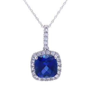 Blue Sapphire & Pav Diamond Cushion Halo Drop Pendant Necklace in White Gold