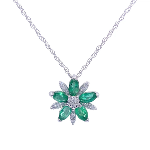 Marquise Emerald & Diamond Flower Cluster Pendant Necklace in White Gold