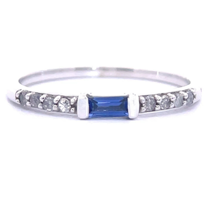 Blue Sapphire Baguette & Round Diamond Slim Stacking Ring in White Gold