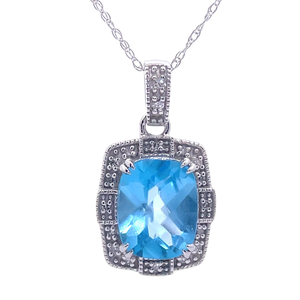 Oval Blue Topaz & Diamond Art Deco Drop Pendant Necklace in White Gold