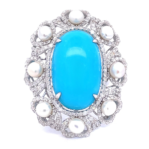 Natural Turquoise, South Sea Pearl & Natural Diamond Ring in 14k White Gold $14,380 Appraisal Included VIDEO