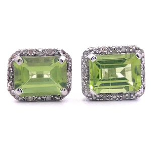 Emerald Cut Peridot & Diamond Halo Stud Earrings in White Gold