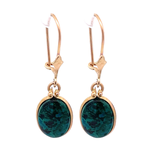 Malachite Bezel Drop Artisan Dangle Wire Earrings in 14k Yellow Gold