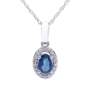 Oval Blue Sapphire & Pav Diamond Halo Drop Pendant Necklace in White Gold