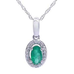 Oval Emerald & Pav�Diamond Halo Drop Pendant Necklace in White Gold