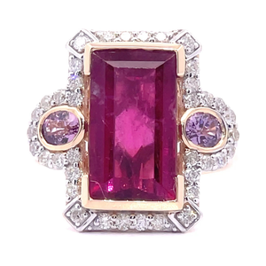 4.99 Carat Natural Rubellite Tourmaline, Pink Sapphire & Natural Diamond Art Deco Ring in 14k Two-Tone Gold $9,270 Appraisal Included