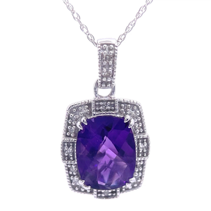 Oval Amethyst & Diamond Vintage Halo Drop Pendant Necklace in White Gold