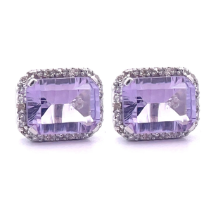 Emerald Cut Amethyst & Diamond Halo Stud Earrings in White Gold