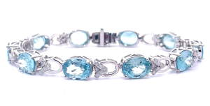 27.95 Carat Blue Zircon & Natural Diamond Oval Link Bracelet in 14k White Gold $16,940 Appraisal Included