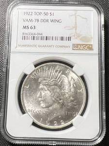 1922 VAM-7B DDR WING PEACE SILVER DOLLAR NGC MS63