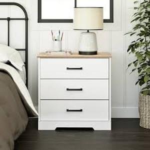 Prepac Rustic Ridge White and Oak 3-Drawer 27.5 in. x 26.75 in. x 16.25 in. Nightstand  Customer Returns See Pictures