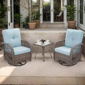 3-Piece Wicker Outdoor Rocking Chair Patio Conversation Set Swivel Chairs with Baby Blue Cushions and Side Table    Customer Returns See Pictures