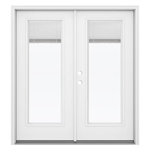 lot 20 image: JELD-WEN 72-in x 80-in x 4-916-in Jamb Low-e Blinds Between The Glass Primed Fiberglass French Right-Hand Inswing Double Patio Door Brickmould Included