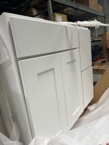 lot 48 image: RELIABILT Parkstone 36-in W x 34.5-in H x 21-in D White custom 3-Drawers Base Fully Assembled Plywood Cabinet (Flat Panel Shaker Style)