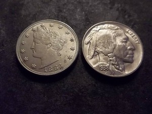 1883 V-Nickel No Cents & 1938 D Buffalo Nickel. Both In MS